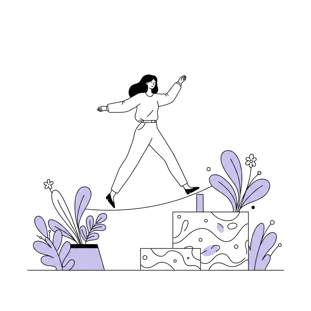 Stylish line art illustration: a woman confidently lands on a platform of flowers, overcoming "sales phobia"; purple floral accents | Femmeprenista