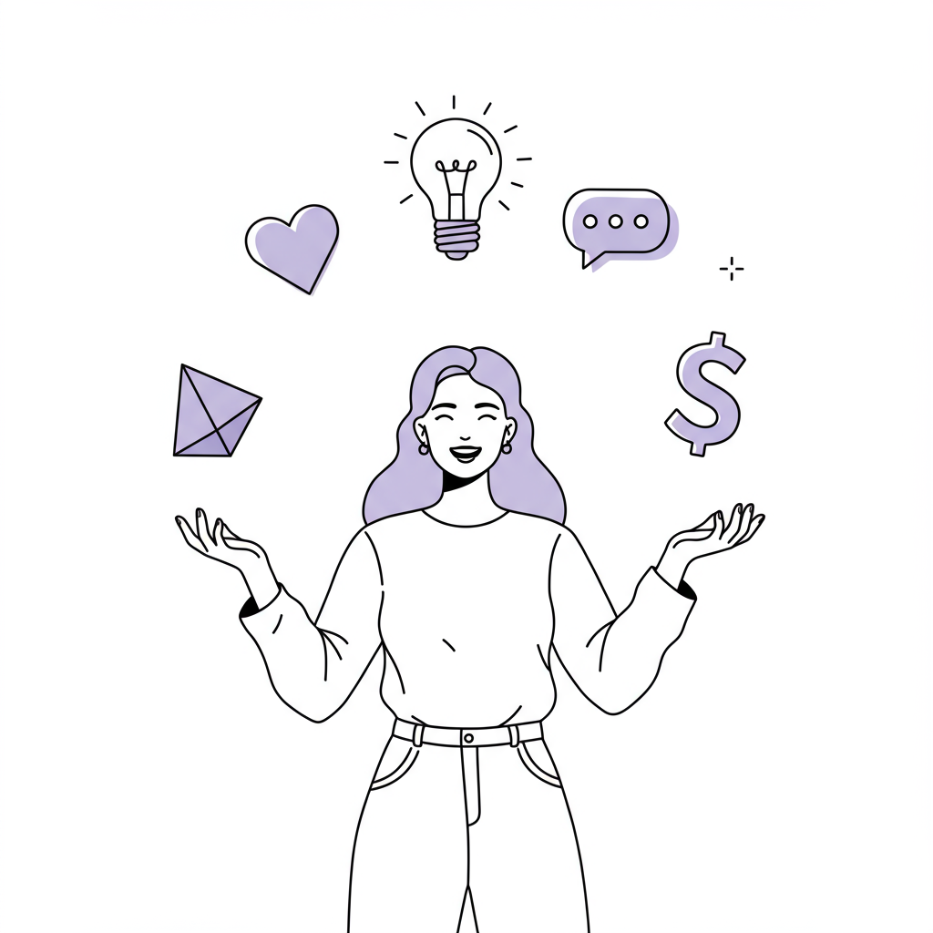 Modern line art: Stylish entrepreneur joyfully juggling passion (highlighted in pastel purple), innovation, communication, and income | Femmeprenista