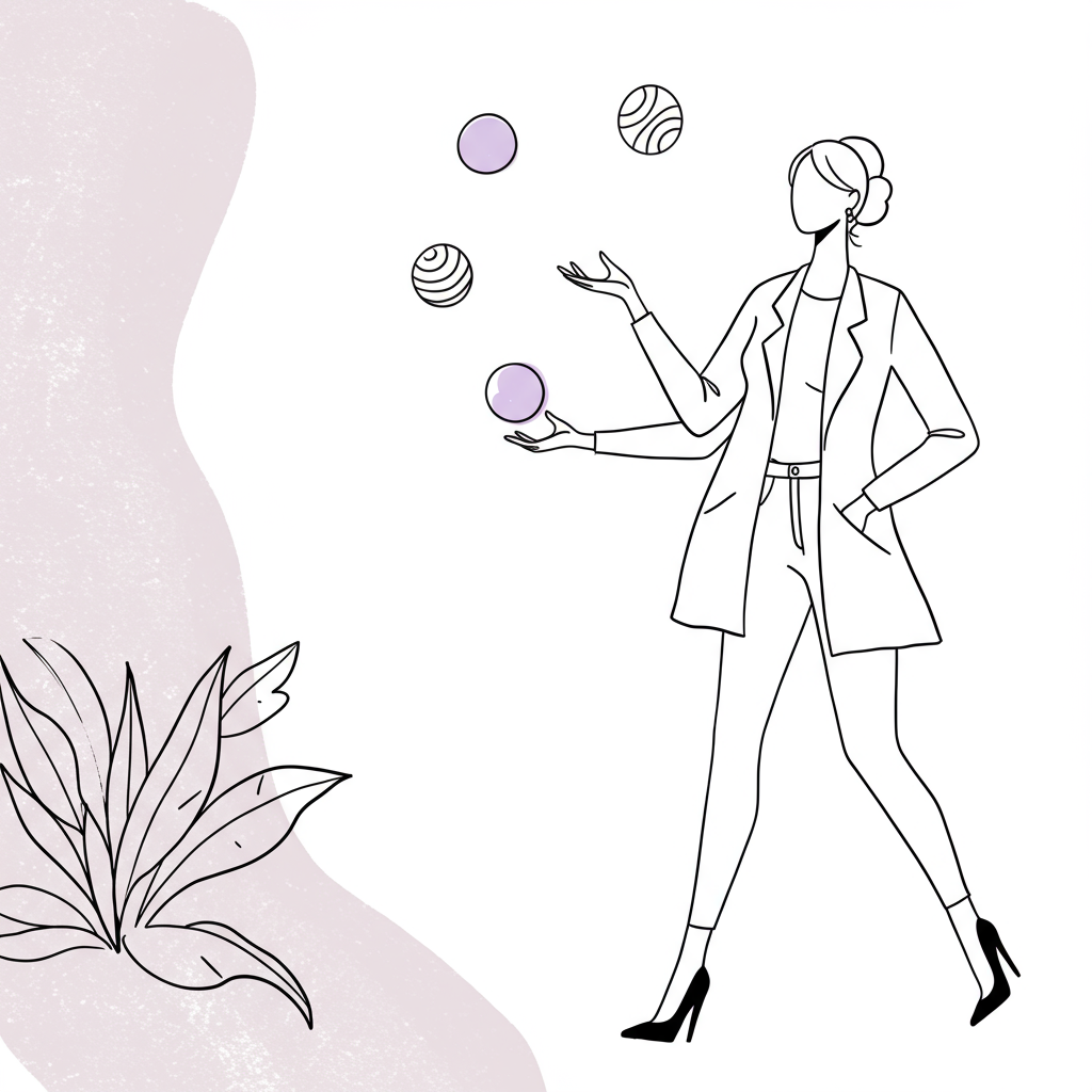 Chic line art: Mumpreneur juggling business, family, and wellbeing, pastel purple accent on wellbeing ball | Femmeprenista