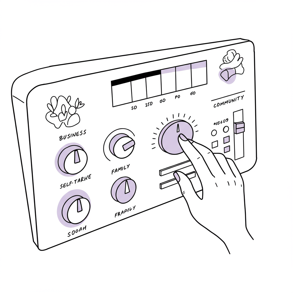 Line art: Mumpreneur's control panel with dials for life balance, adjusting 'Focus' (pastel purple highlight); organised chaos | Femmeprenista