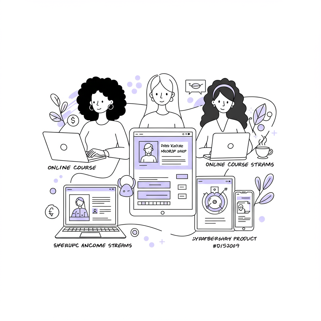 Chic line art: women entrepreneurs collaborating on passive income streams, pastel purple on tablet screen | Femmeprenista