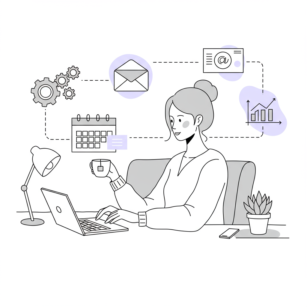 Line art: Mumpreneur automating business with calm focus. Pastel purple on calendar and succulent | Femmeprenista
