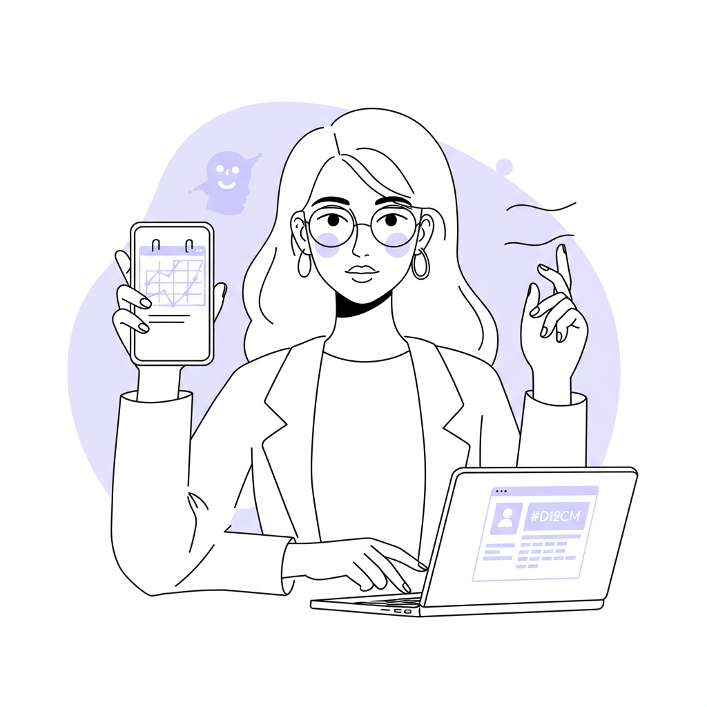 Line art of a calm femmeprenista multitasking with phone and laptop; pastel purple accents convey automation | Femmeprenista