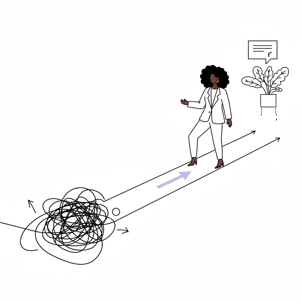 Modern line art: Black woman entrepreneur confidently stepping onto a clear path forward, pastel purple arrow detail | Femmeprenista
