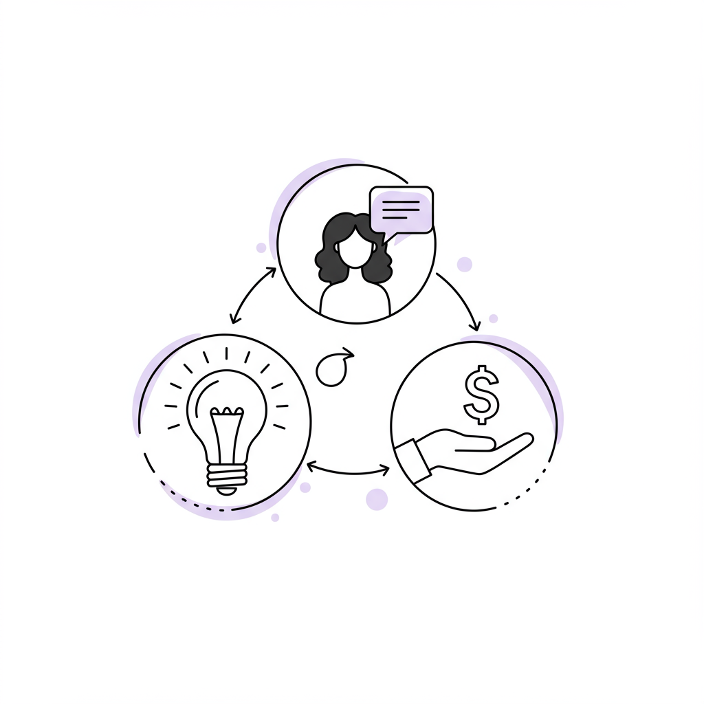 Chic line art: icons for idea, client, & money, forming a solid business foundation, pastel purple accent on lightbulb | Femmeprenista