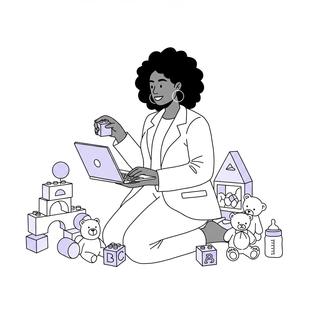 Chic line art: Black woman entrepreneur balancing laptop amidst stylized toys; pastel purple block highlights structured focus | Femmeprenista