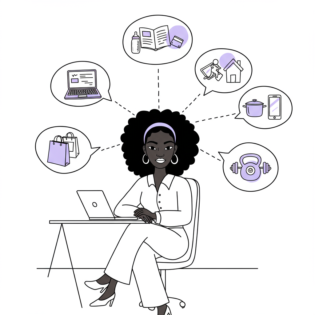 Modern line art: Black female entrepreneur managing responsibilities; pastel purple laptop in thought bubble shows focus | Femmeprenista