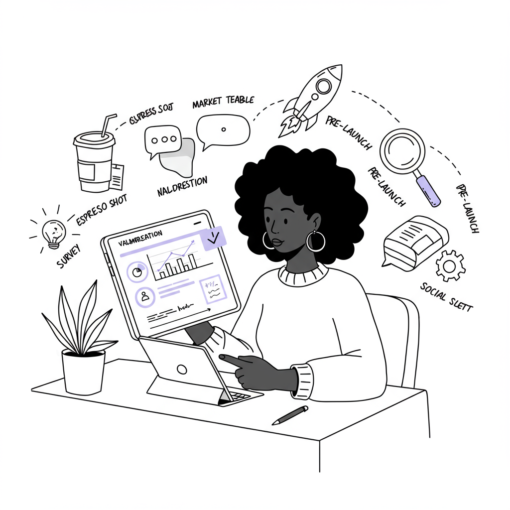 Chic line art of a Black mumpreneur confidently reviewing market validation data on her tablet; pastel purple accent | Femmeprenista
