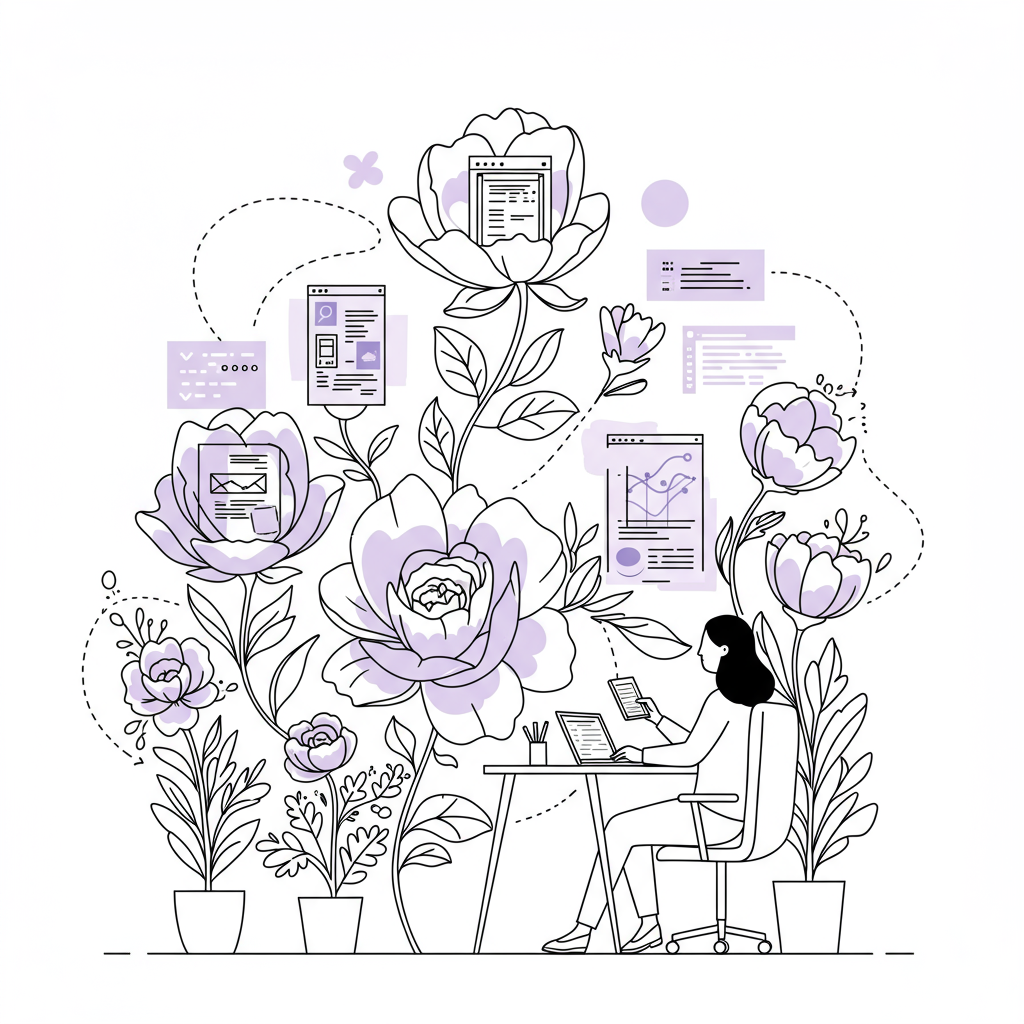 Line art of an AI Director femmepreneur overseeing a blossoming digital garden, code flowers, pastel purple blog post highlight | Femmeprenista