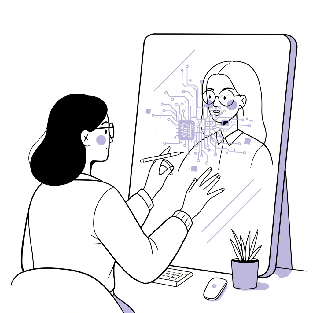 Chic line art: Woman reflects, seeing herself as an AI director, glasses highlighted in pastel purple, symbolizing creative AI empowerment | Femmeprenista