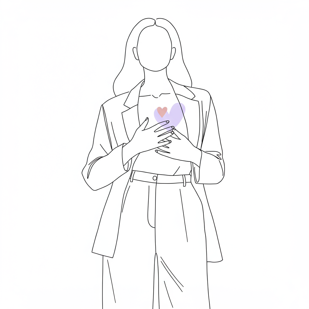 Elegant line art: empowered woman standing confidently, radiating self-love; pastel purple heart detail. Authenticity for female founders | Femmeprenista