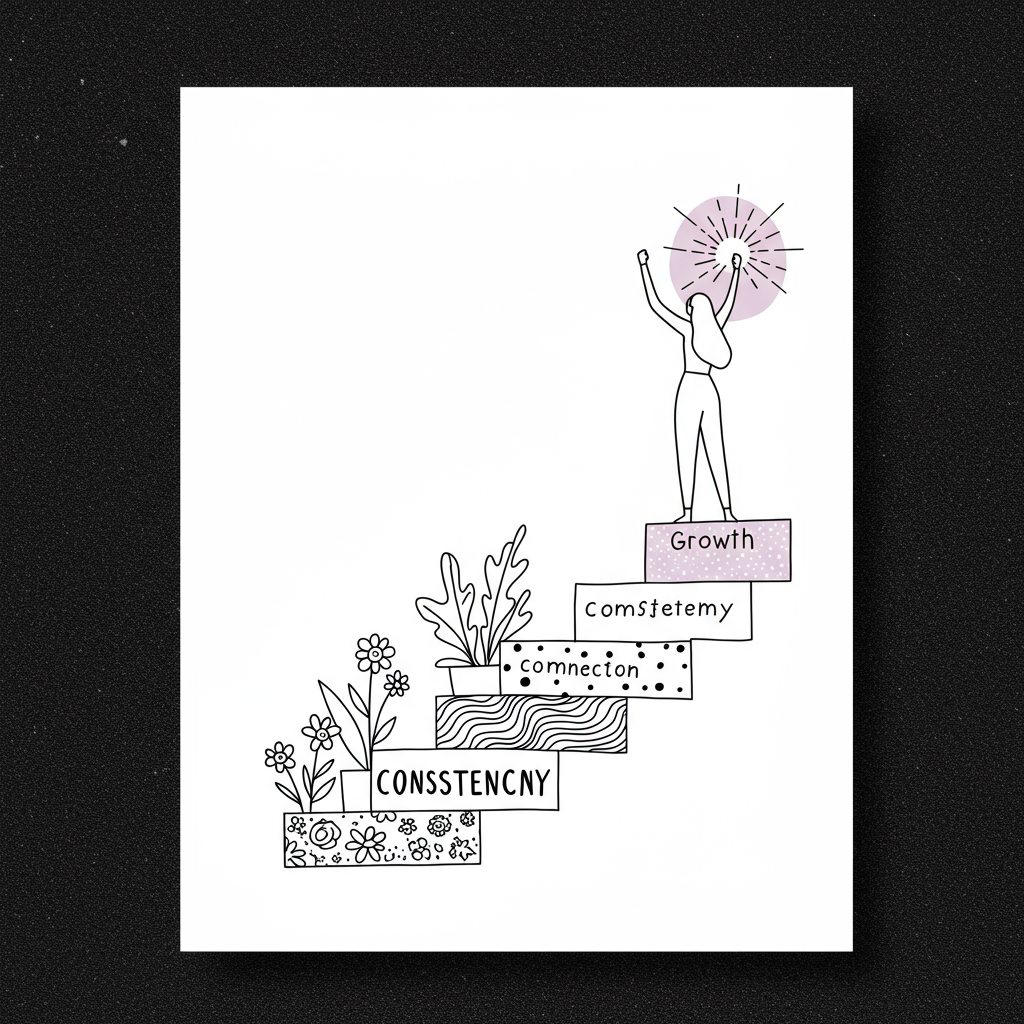Black and white line art: Chic staircase to empowerment, female figure at top gazes at pastel purple sun | Femmeprenista