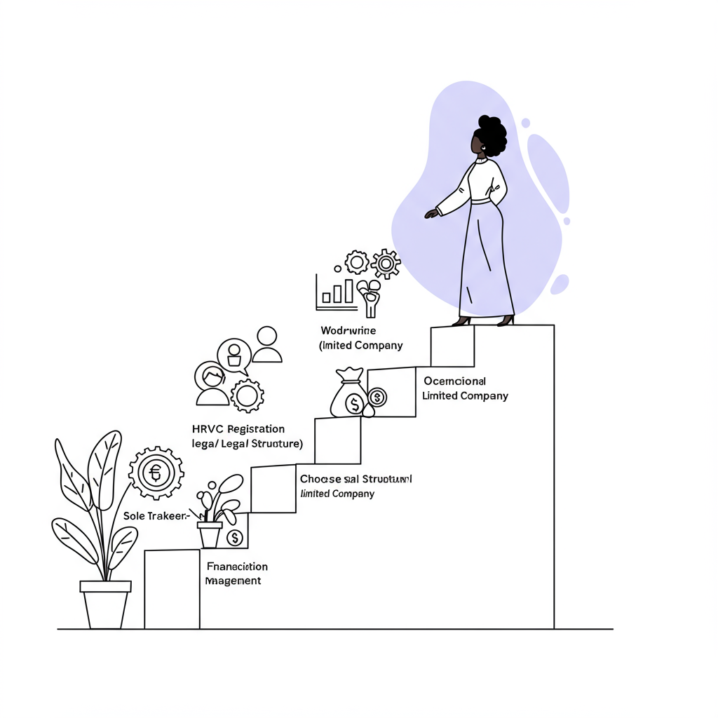 Chic line art of a Black woman at the base of a staircase symbolizing UK business foundations, pastel purple success at the top | Femmeprenista