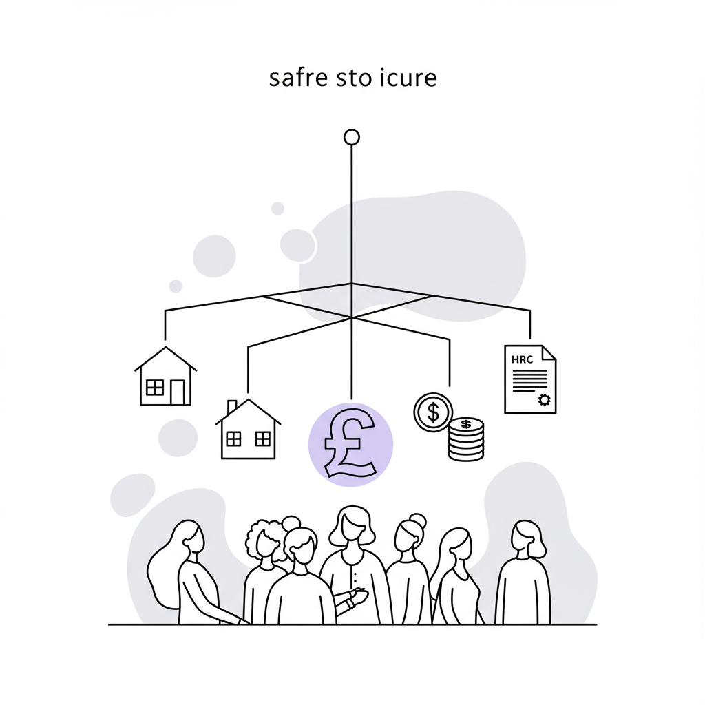 Line art: Balanced mobile symbolizing UK business foundations for women, pastel purple on pound symbol, diverse women looking up | Femmeprenista