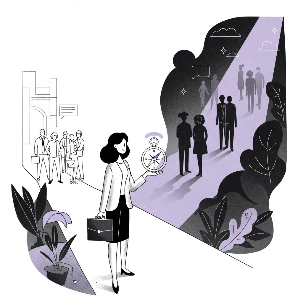 Line art: Female entrepreneur at crossroads, holding pastel purple compass, reclaiming voice, choosing collaboration | Femmeprenista