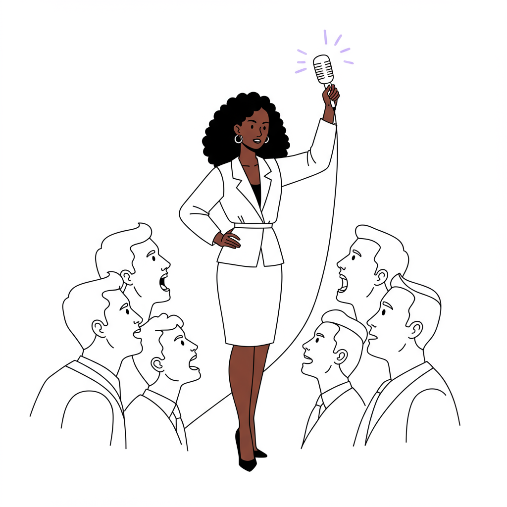 Modern line art: Female entrepreneur silencing talking men, reclaiming her voice. Black, white, pastel purple mic | Femmeprenista