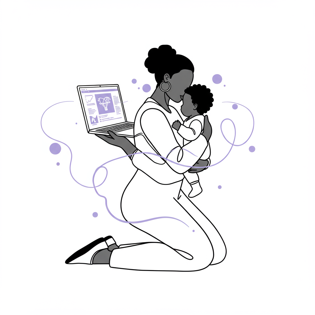 Black and white line art: Black woman entrepreneur balancing laptop and baby; pastel purple AI icon accent | Femmeprenista