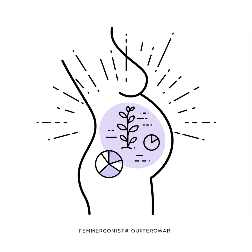 Chic black and white line art: Pregnant belly as superwoman emblem with purple plant/chart icon symbolizing motherhood entrepreneurial superpower | Femmeprenista