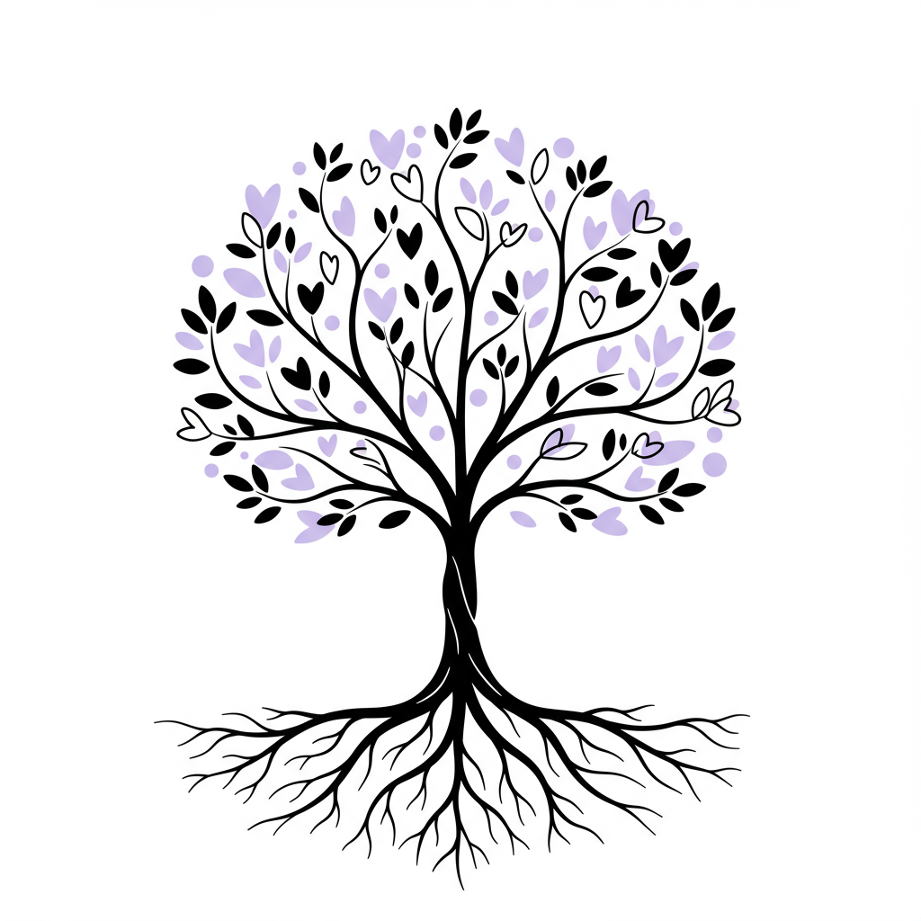 Chic line art: stylized tree with heart-shaped leaves (pastel purple accents) and interconnected roots, symbolizing Femmeprenista female entrepreneur community | Femmeprenista