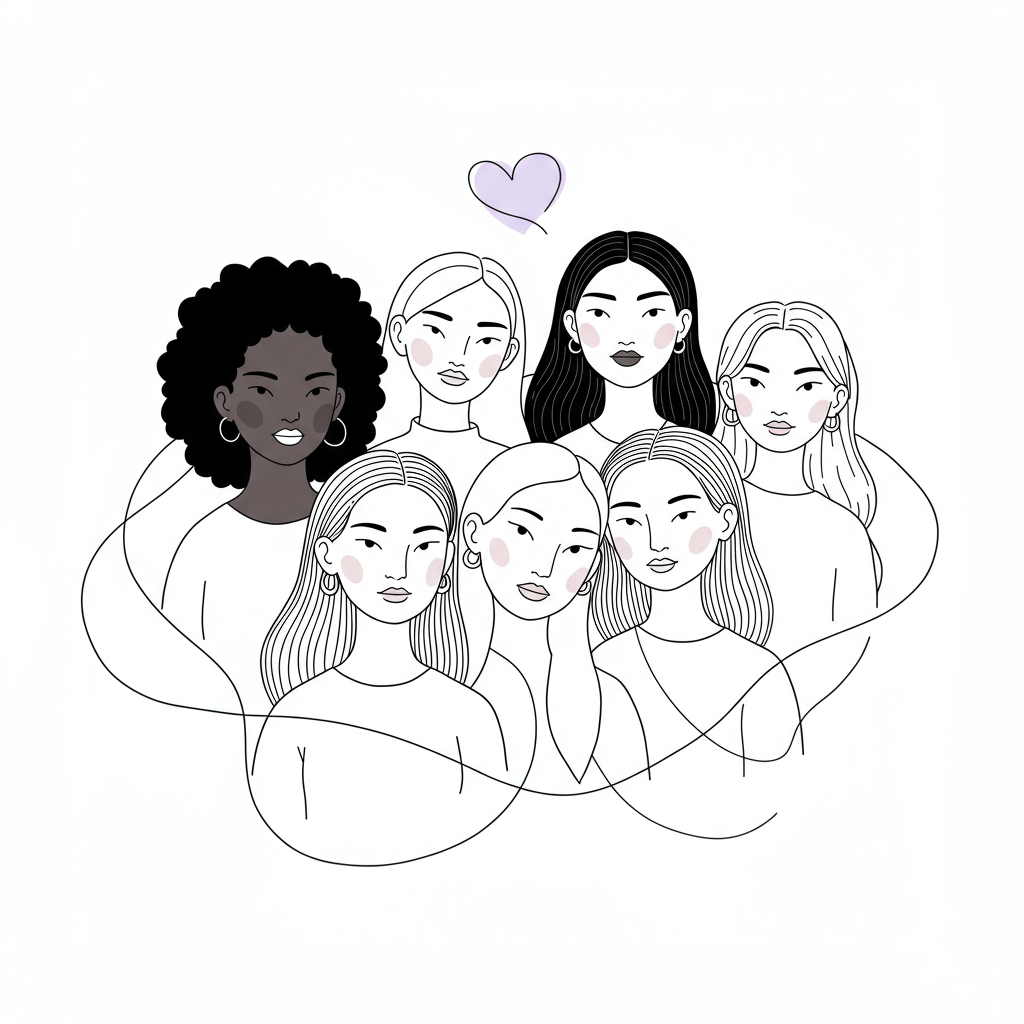 Chic line art illustration: Diverse women entrepreneurs connected by pastel purple heart, symbolizing Femmeprenista community and support | Femmeprenista