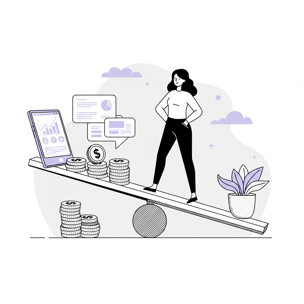 Line art: Balanced seesaw symbolizing multiple income streams and lifestyle freedom for women entrepreneurs, pastel purple pot accent | Femmeprenista