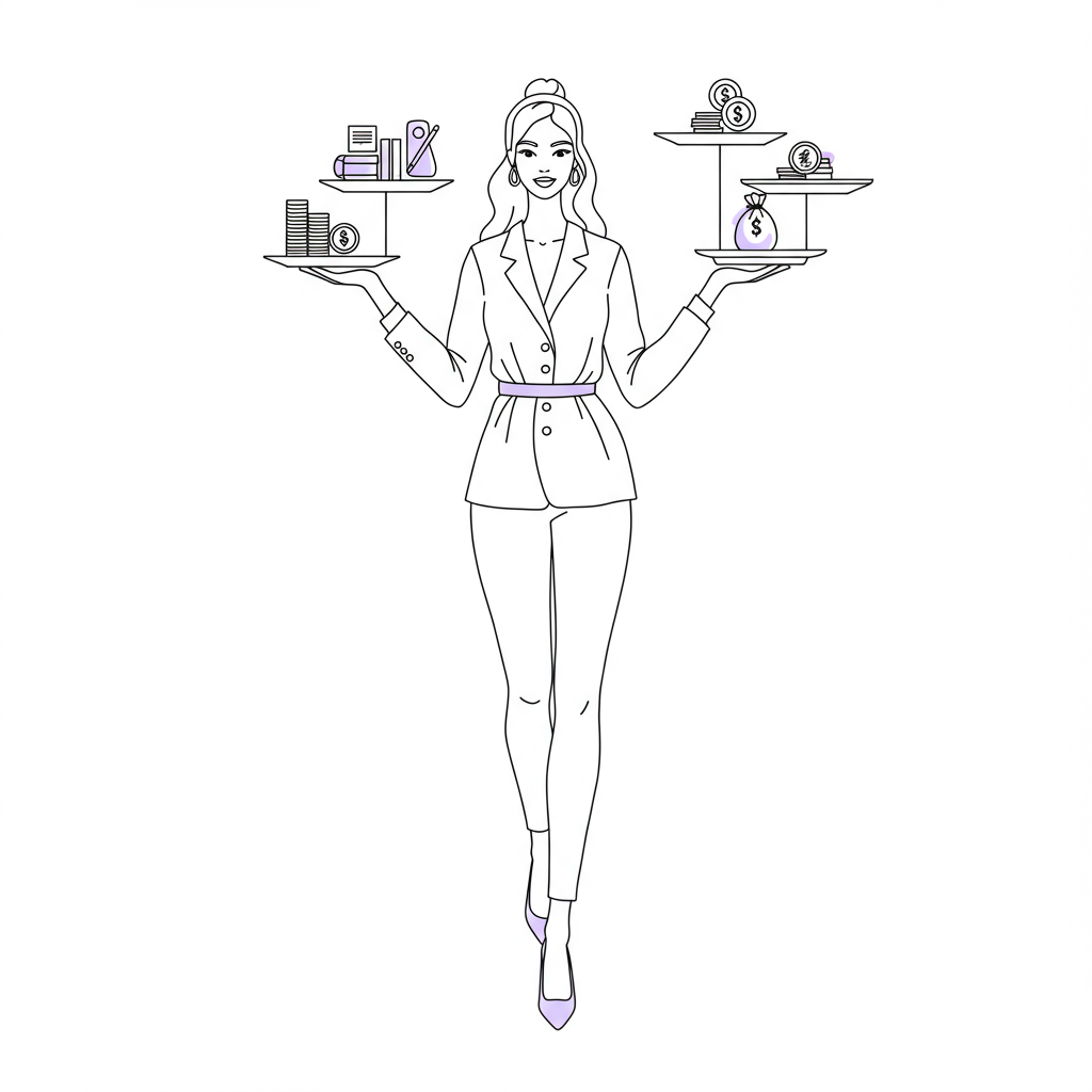 Modern line art: Woman balancing multiple income streams with ease and joy; pastel purple shoes | Femmeprenista