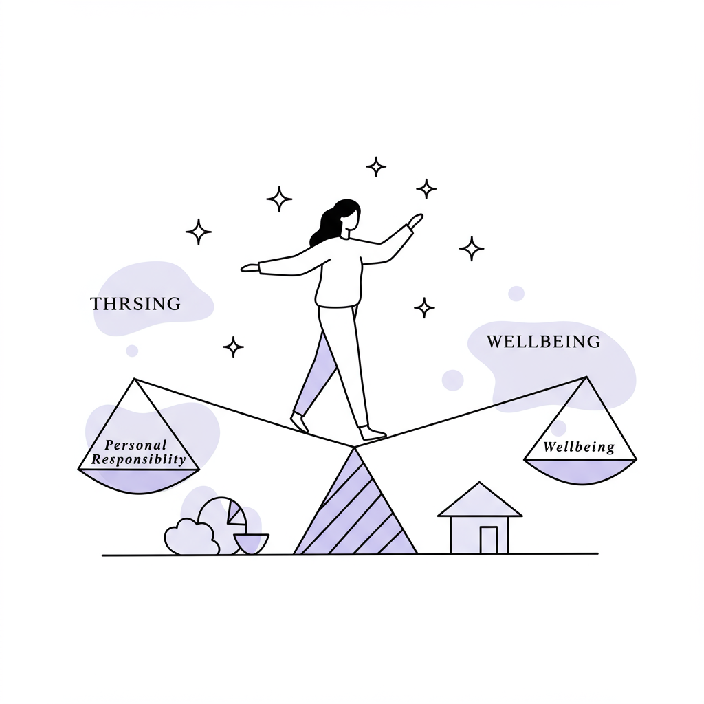 Line art of a female entrepreneur balancing between wellbeing and responsibility, pastel purple tightrope, stars above | Femmeprenista