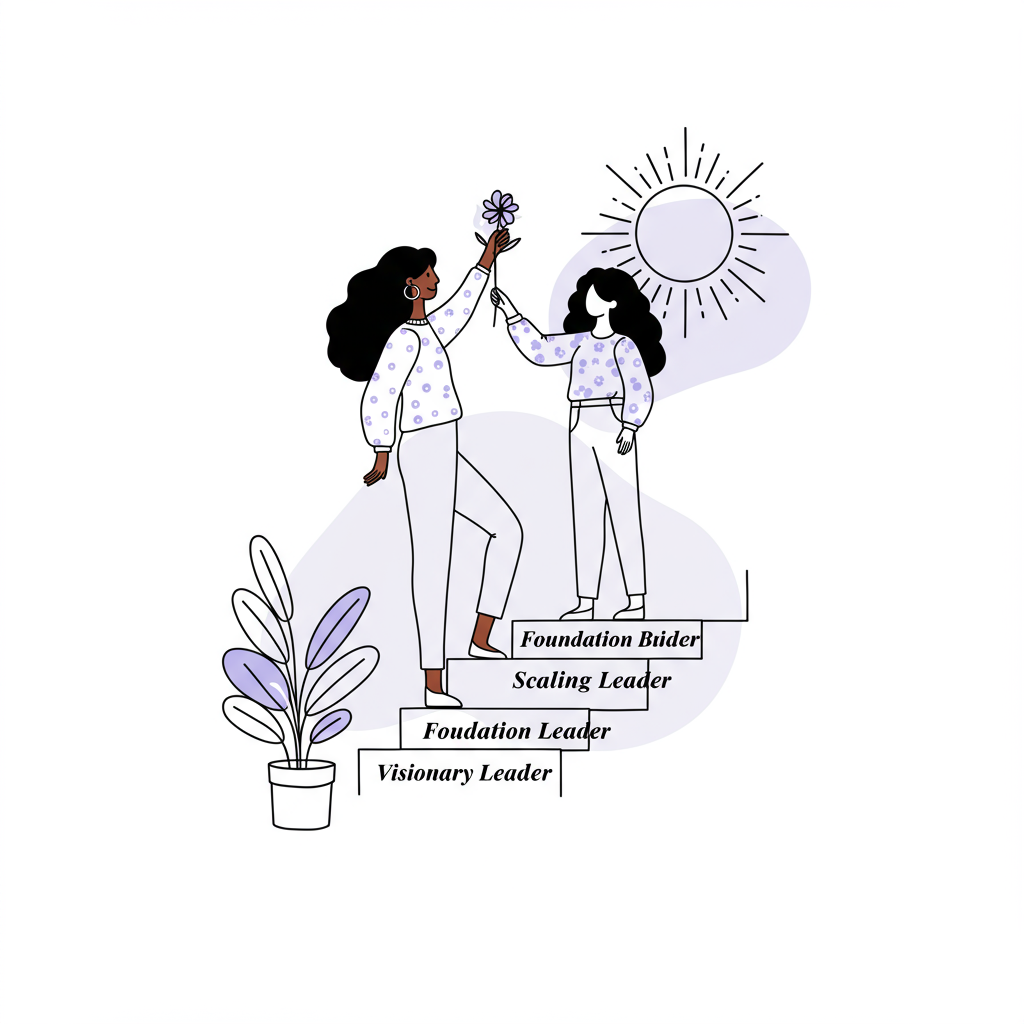 Line art: Female leader ascending steps to thriving, flower with pastel purple accent symbolizing wellbeing | Femmeprenista