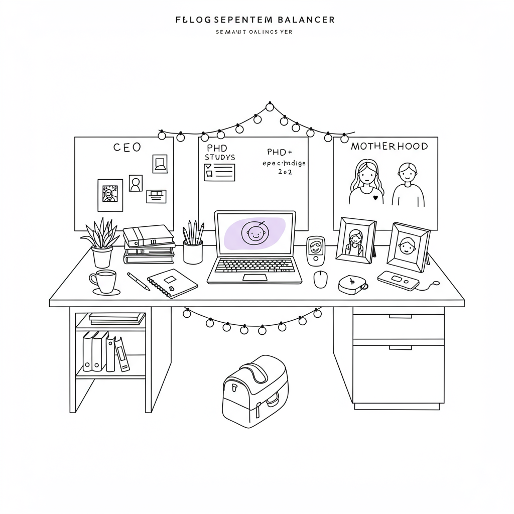 Elegant line art of a female entrepreneur's organized desk: CEO, PhD, & motherhood, connected by fairy lights, pastel purple baby monitor | Femmeprenista