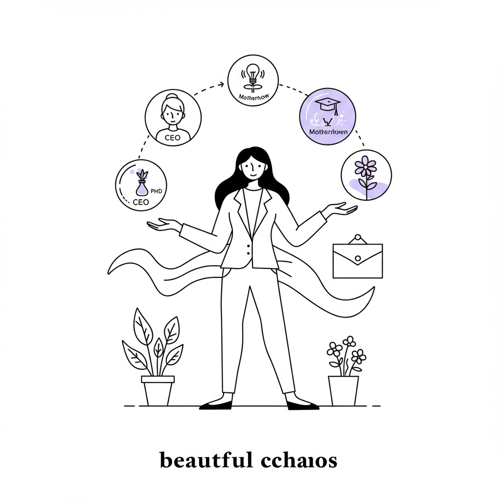 Elegant line art: female entrepreneur juggling CEO, PhD, motherhood, pastel purple flower detail embodies beautiful chaos | Femmeprenista