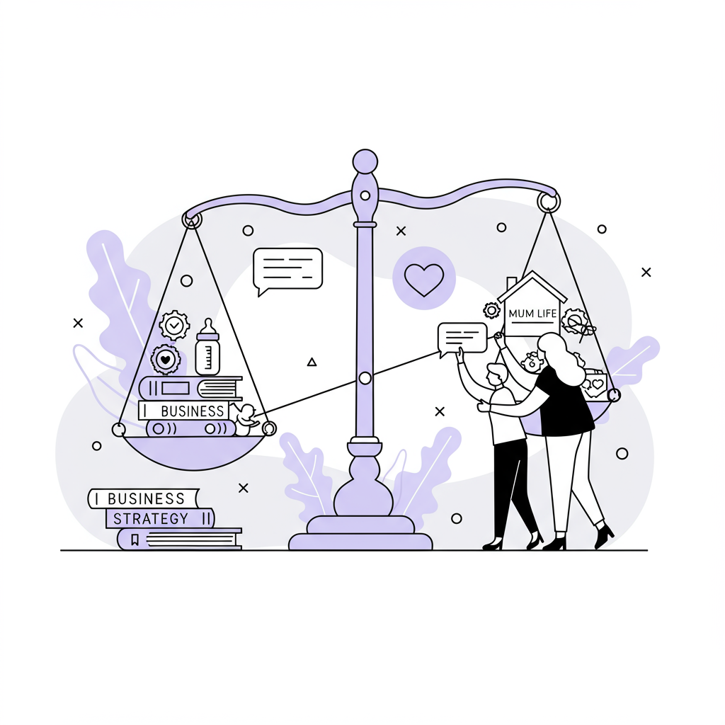 Chic line art: mumpreneur balancing business strategy and mum life; pastel purple scale fulcrum | Femmeprenista