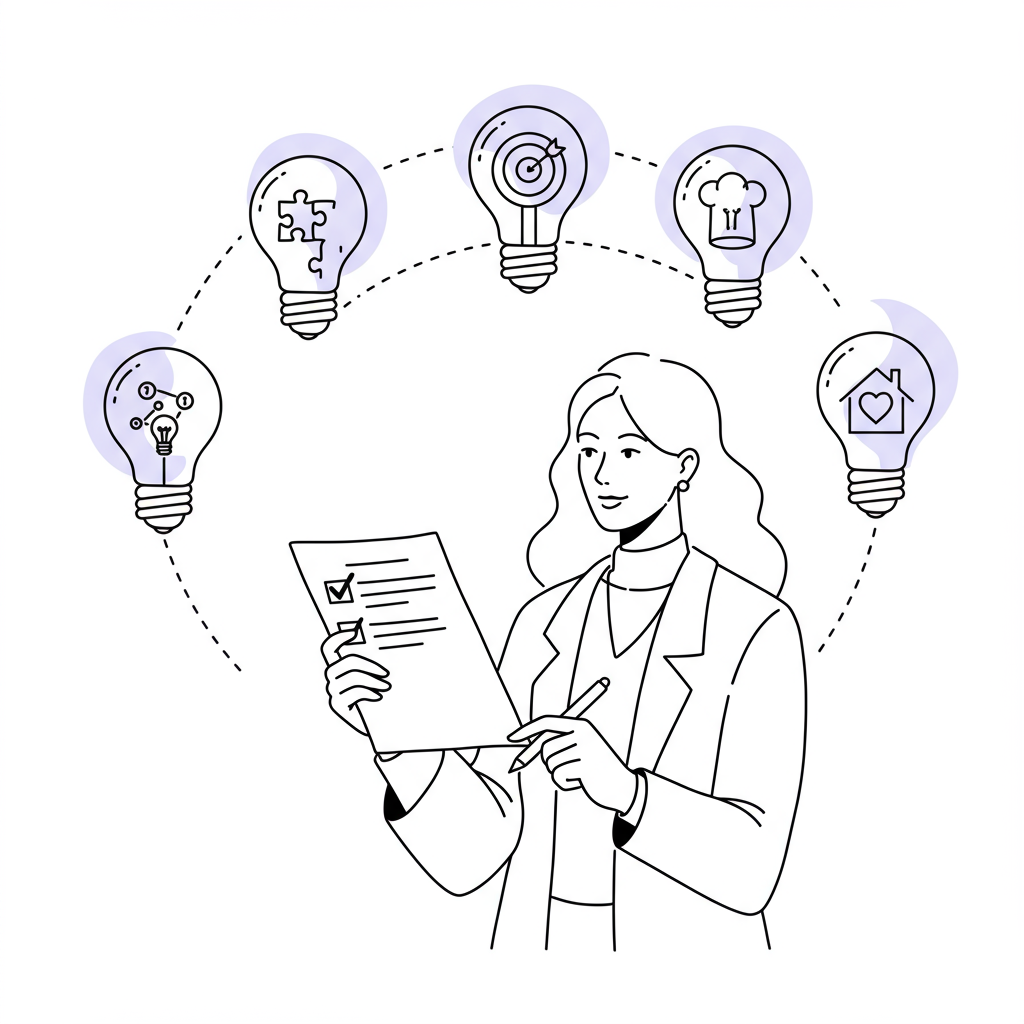 Chic line art: mumpreneur with checklist thoughtfully assesses validation lightbulbs, pastel purple pen | Femmeprenista