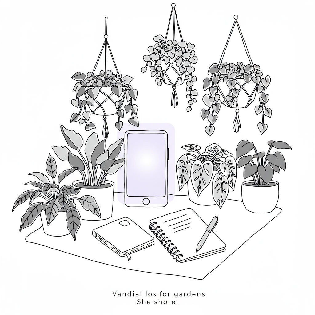 Line art: Thriving indoor garden symbolizes work-life harmony for female entrepreneurs; tech subtly interwoven. Pastel purple smartphone glow | Femmeprenista