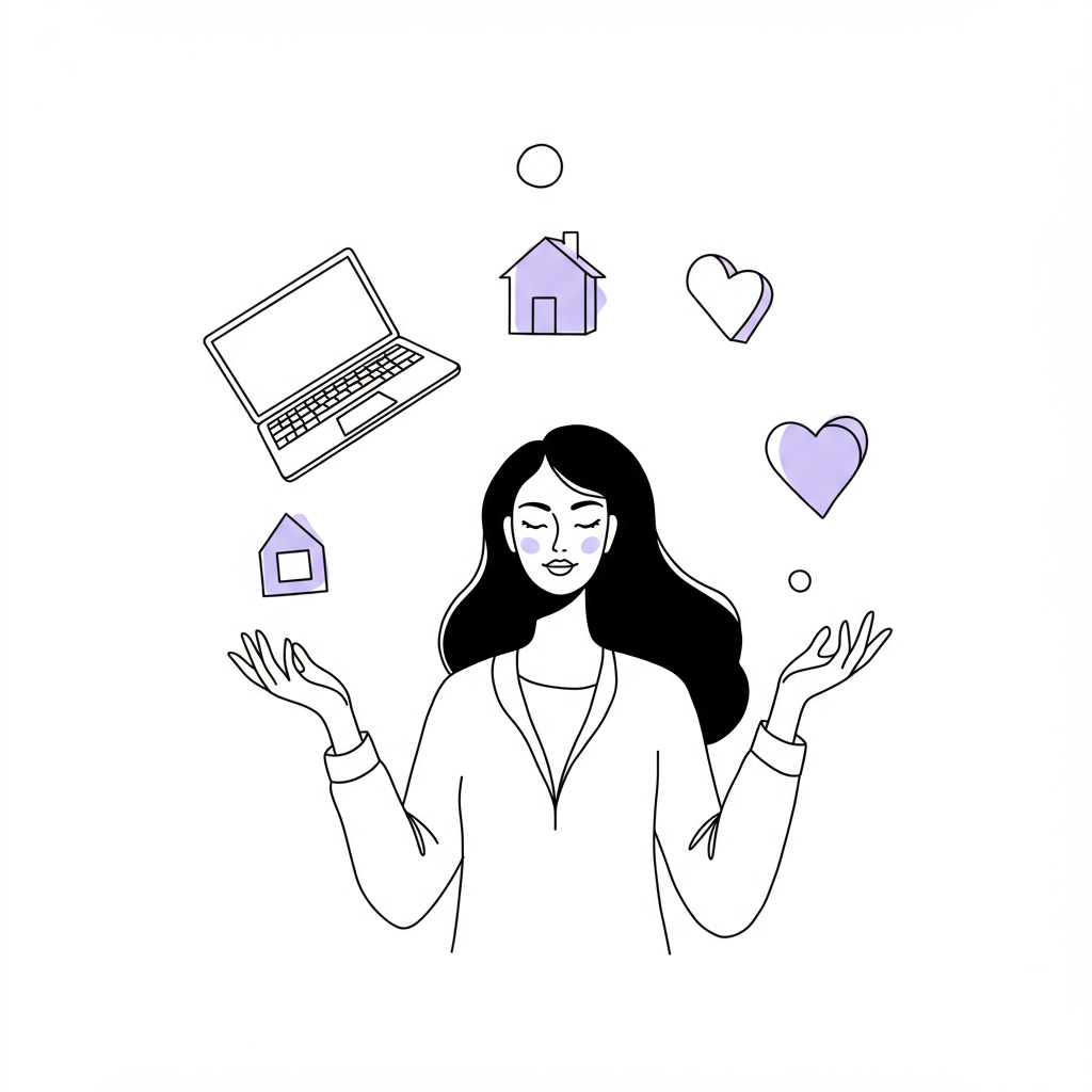 Modern graphic line art: Woman juggling laptop, house, heart; pastel purple heart accent, work-life harmony | Femmeprenista