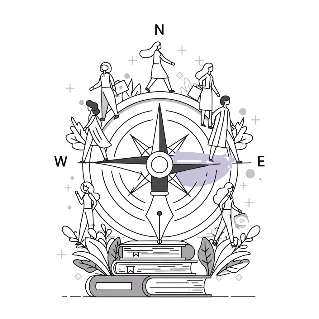 Line art compass of diverse women, quill needle, symbolizes strategic growth; pastel purple accent | Femmeprenista