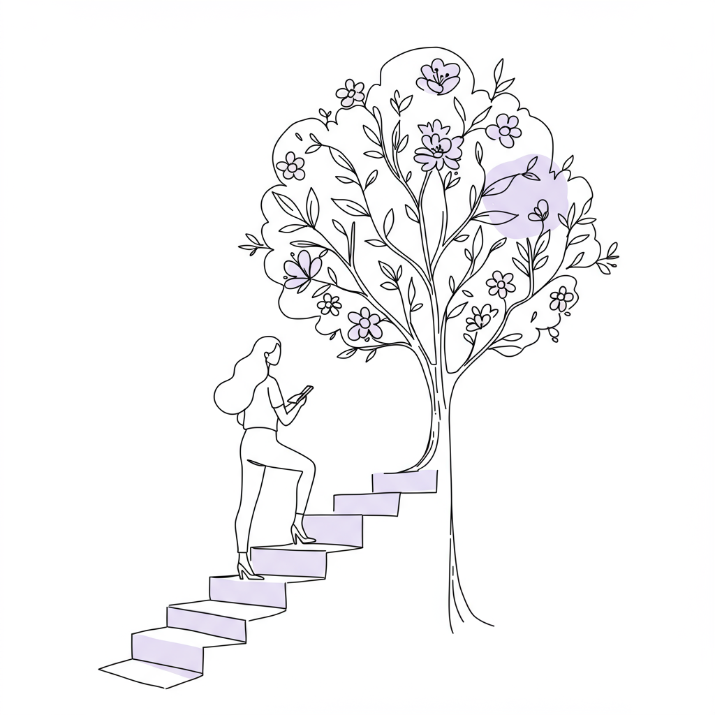 Elegant line art: Mother stepping onto a staircase that transforms into a flourishing tree, pastel purple bloom detail | Femmeprenista