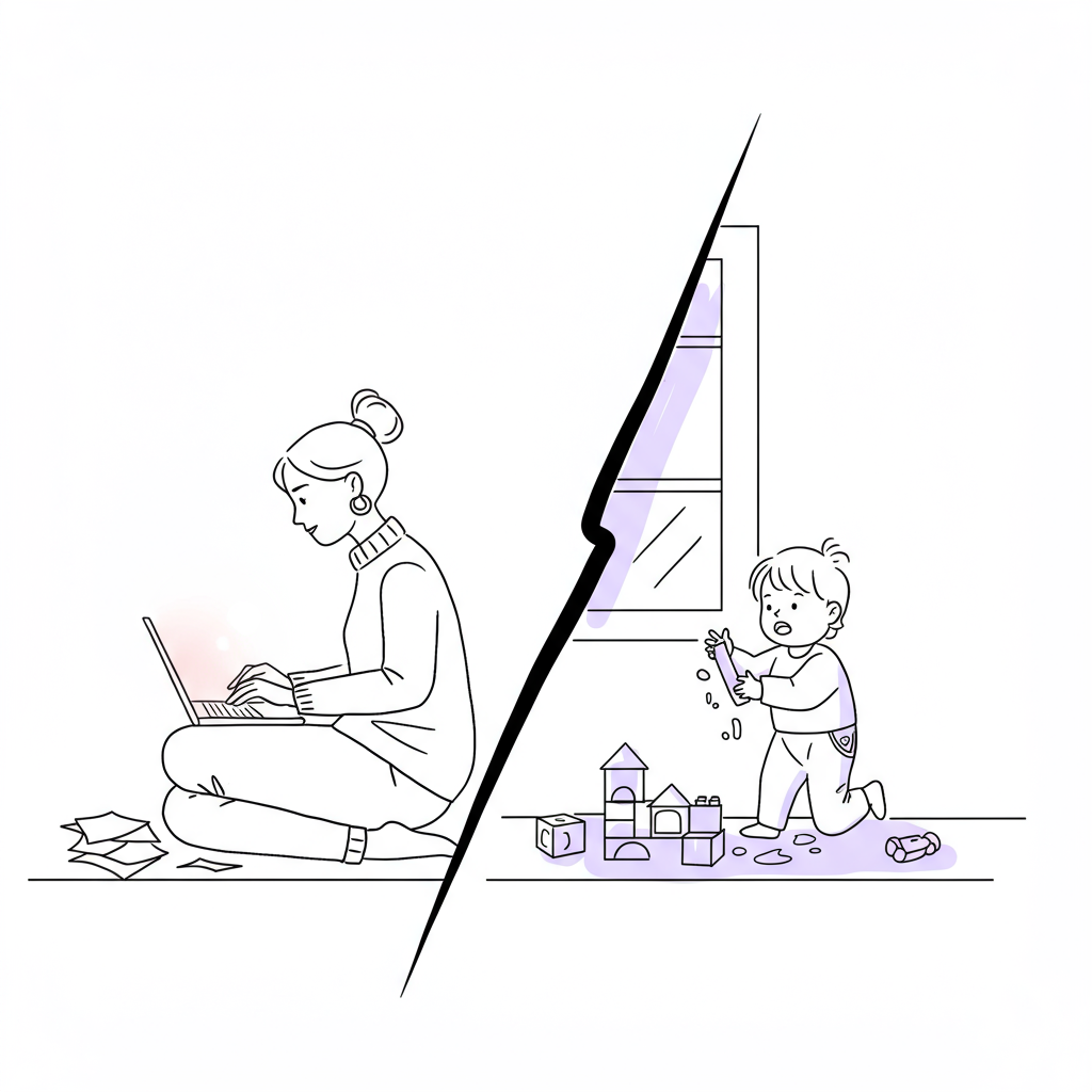 Humorous line art: Mum entrepreneur working on laptop amidst toddler chaos, pastel purple accent | Femmeprenista