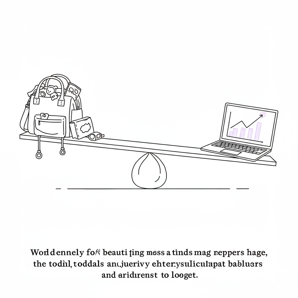Line art: Beautiful mess! Chic seesaw balancing toddler chaos (diaper bag) and business growth (laptop with purple glow) | Femmeprenista