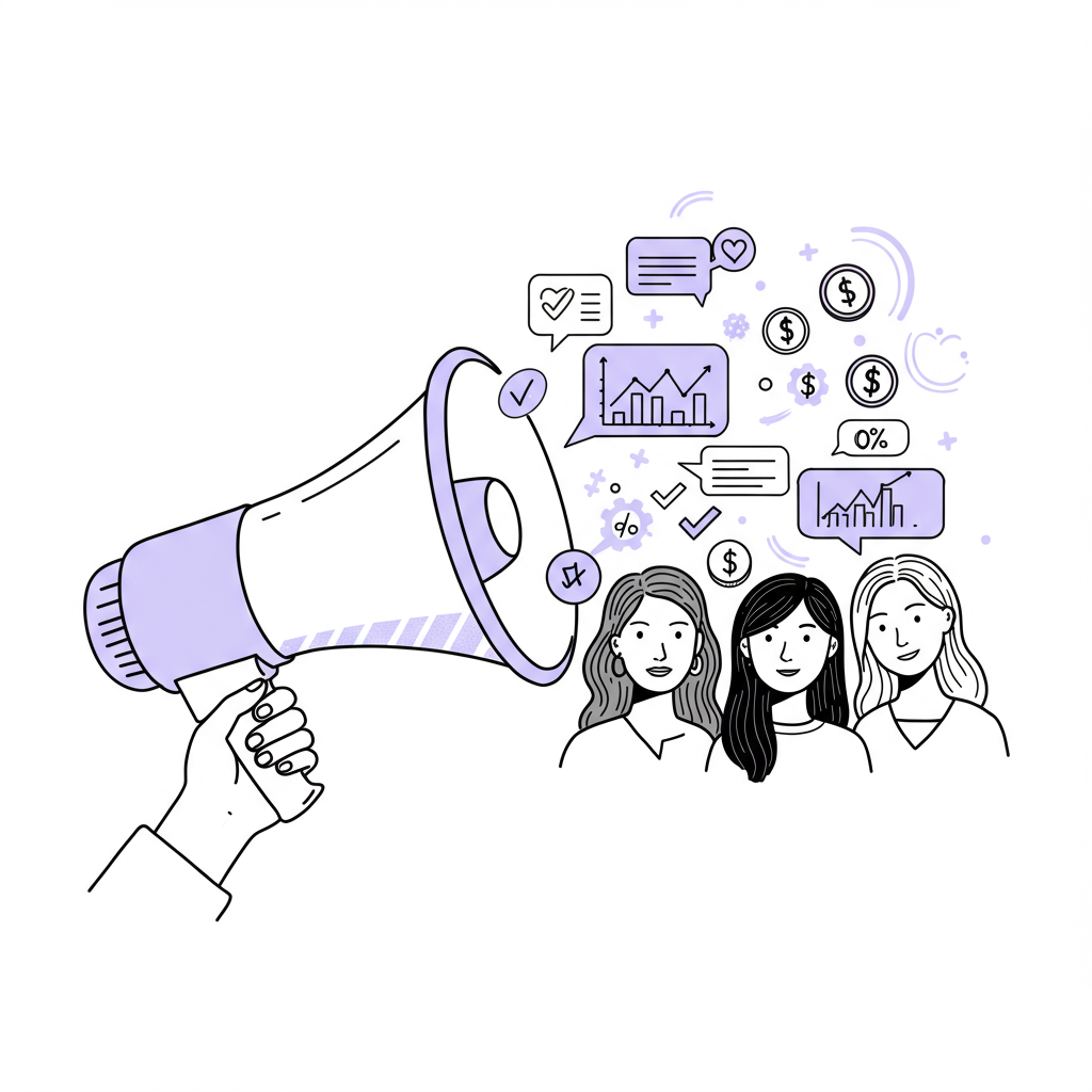 Line art: Empowered women glow with positive results from a business that speaks for itself; pastel purple speech bubbles from megaphone | Femmeprenista