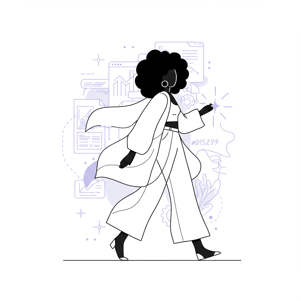 Black female entrepreneur strides confidently in chic line art, business systems softly shown, pastel purple starburst accent | Femmeprenista