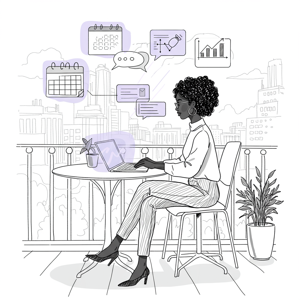 Chic line art: Black woman entrepreneur working remotely with digital tools, pastel purple laptop screen | Femmeprenista