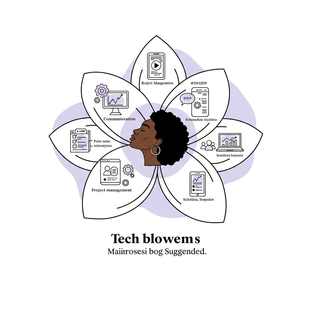 Line art: Black woman entrepreneur at tech blossom center, pastel purple accent, petals represent remote work software | Femmeprenista