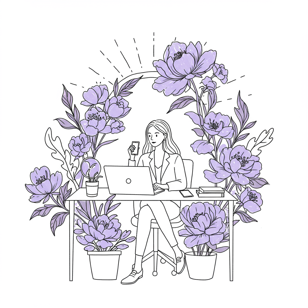 Chic line art of a CEO mum surrounded by stylized flowers, embracing work-life integration; black and white, pastel purple blossom | Femmeprenista