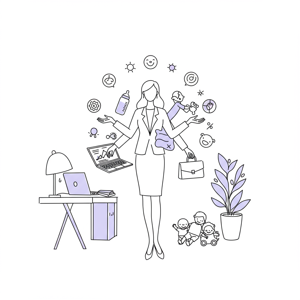 Elegant black and white line art of a CEO mum gracefully juggling work-life balance, pastel purple baby bottle accent | Femmeprenista