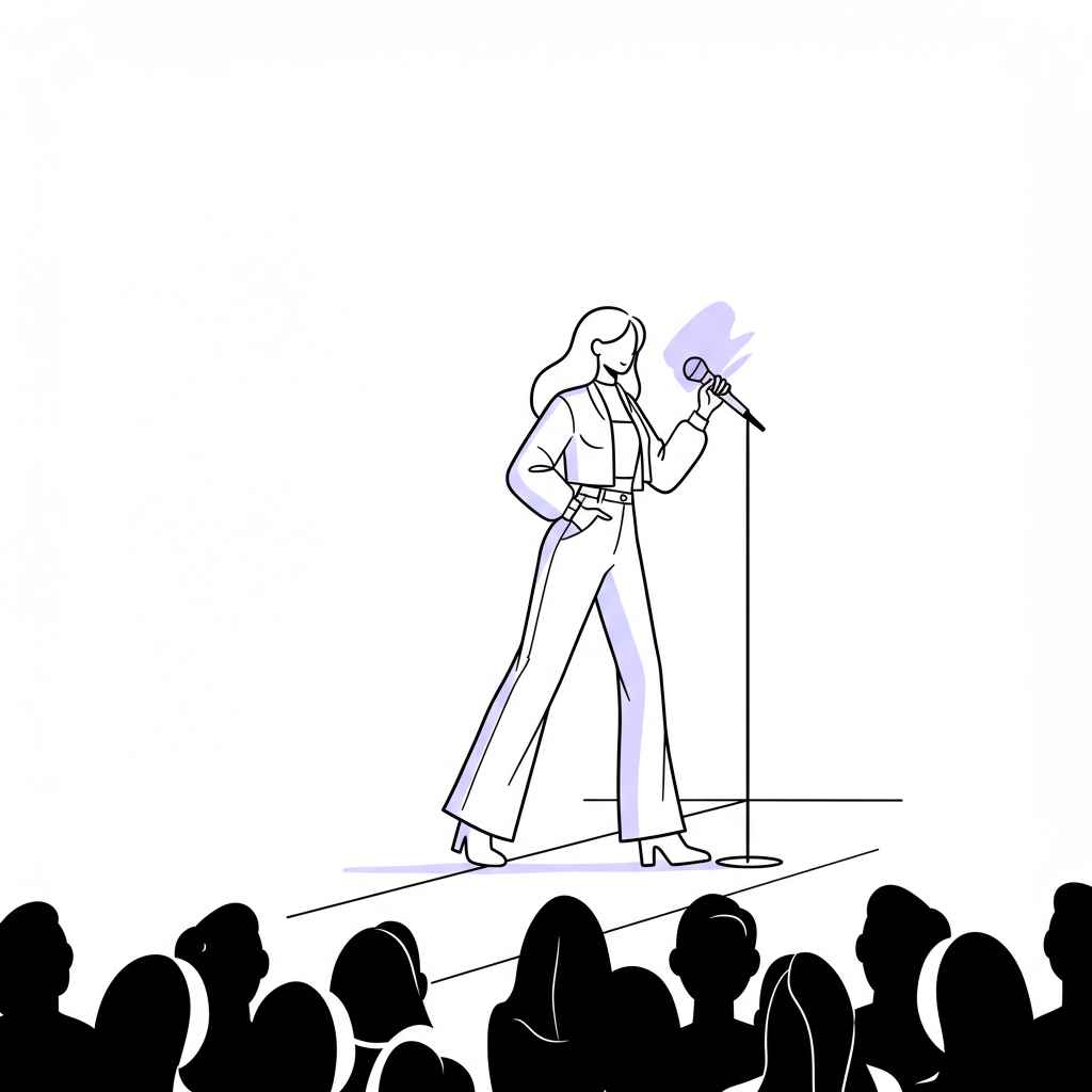 Chic line art: Confident woman entrepreneur stepping onto a stage to amplify her thought leadership; pastel purple microphone | Femmeprenista