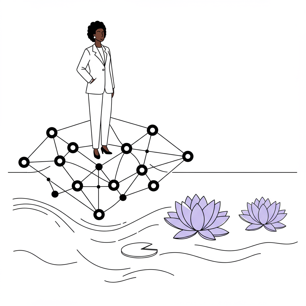 Chic black and white line art: Black woman CEO atop a partnership network over a legacy river, pastel purple lotus flower | Femmeprenista
