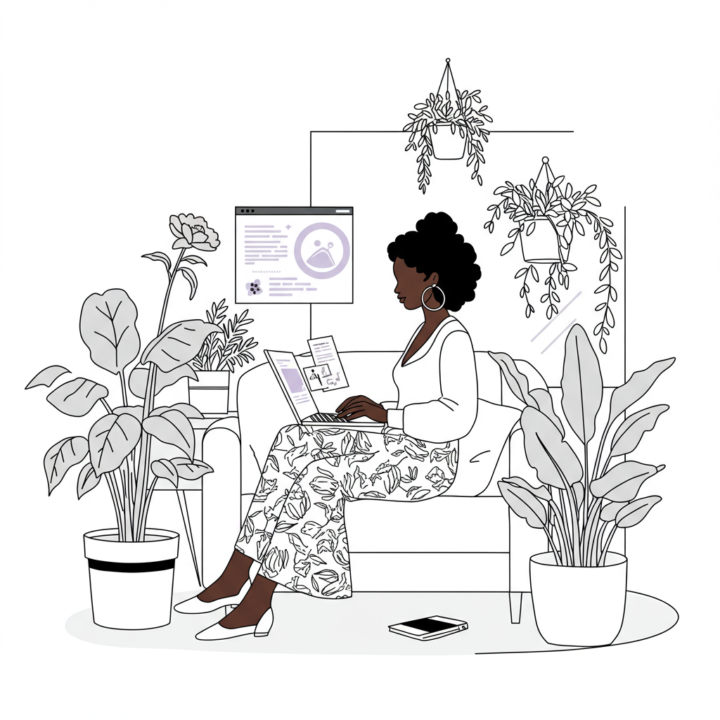 Elegant line art: Black mother and entrepreneur working serenely in her flourishing indoor garden; pastel purple blossom and laptop accent | Femmeprenista