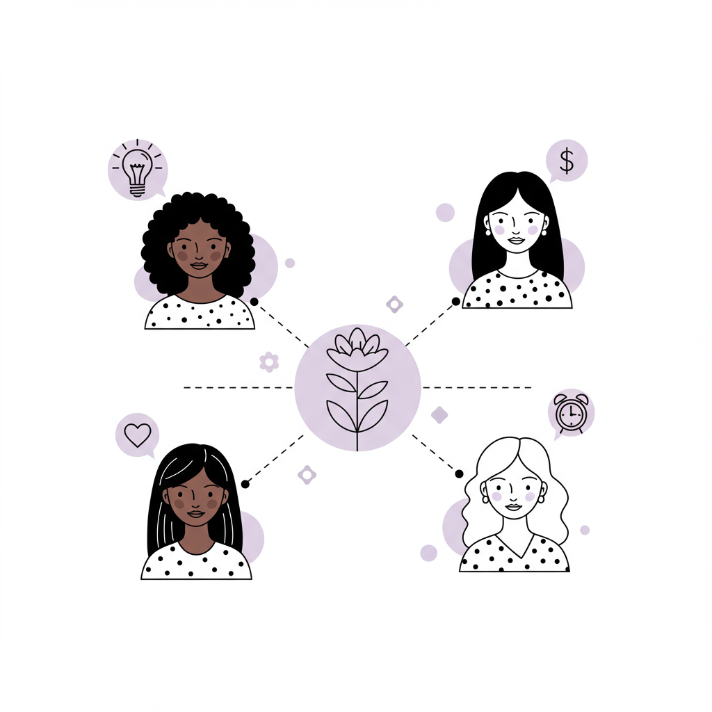 Line art: Diverse mums connected in a thriving coaching network, pastel purple flower at center | Femmeprenista