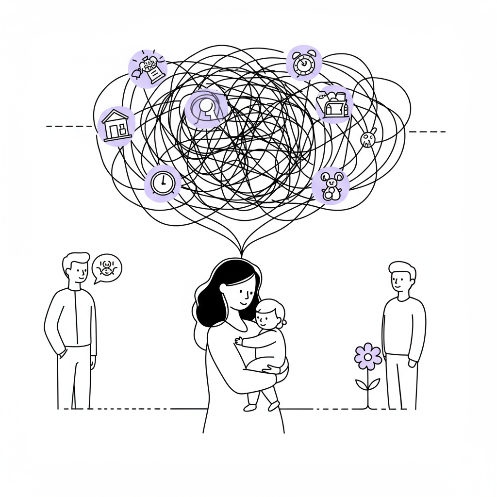Line art: Mother managing mental load (household/childcare icons) while partner is unaware. Pastel purple flower for hope | Femmeprenista