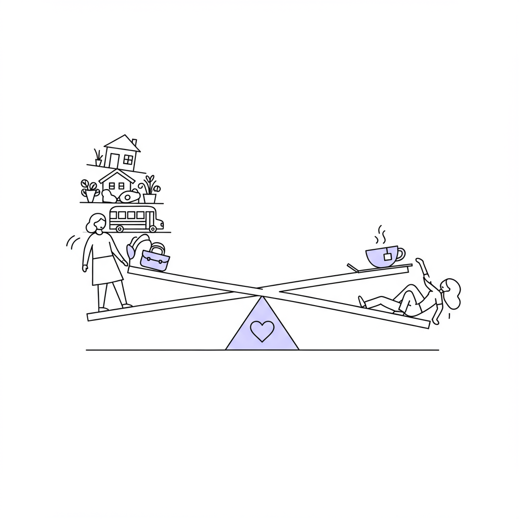 Chic line art: A mother's mental load struggles against well-being on a heart-shaped seesaw; pastel purple accent | Femmeprenista